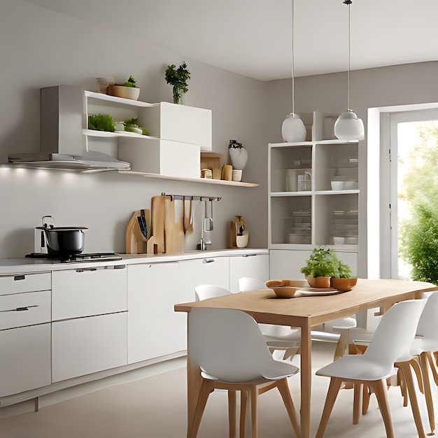 a kitchen with a table and chairs and a table with plants on it