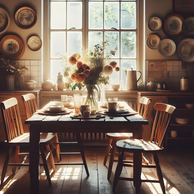 a kitchen with a table and chairs and a vase with flowers on it