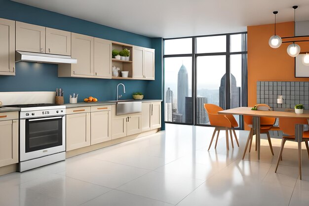 Photo a kitchen with a table and chairs and a view of a city.