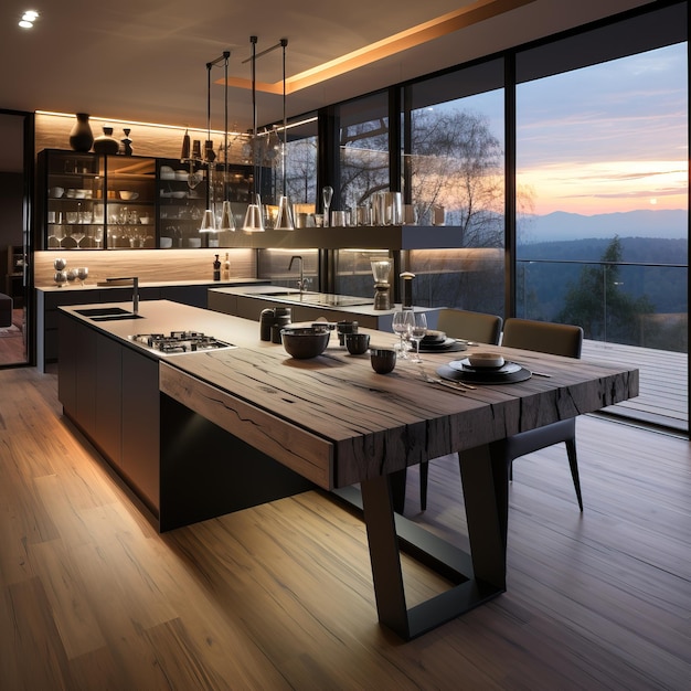 a kitchen with a table and chairs and a view of the mountains