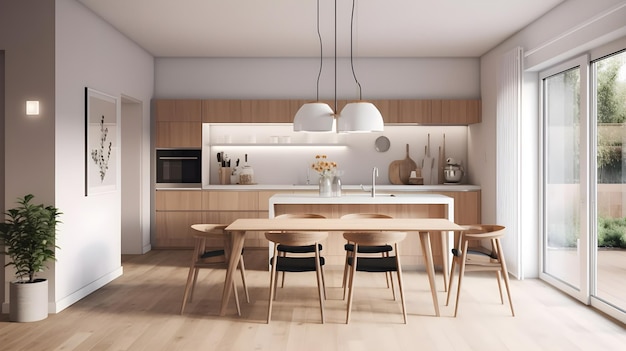 A kitchen with a table and chairs and a white cabinet with a light wood finish.