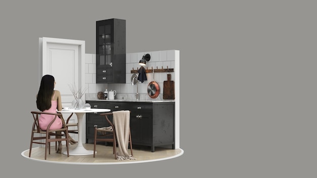 A kitchen with a table and chairs and a white table with pots and pans on it.