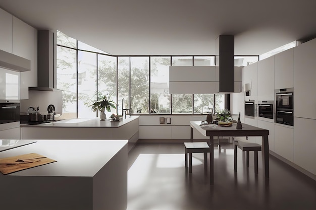 A kitchen with a table and chairs and a window that says " home ".