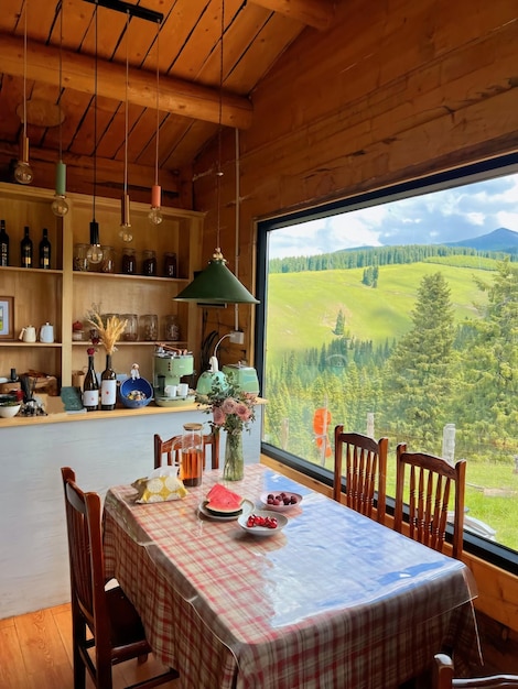 A kitchen with a table and chairs and a window that says mountain view
