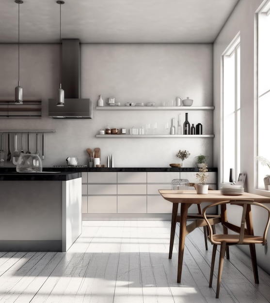 A kitchen with a table and chairs and a window that says " the word " on it.