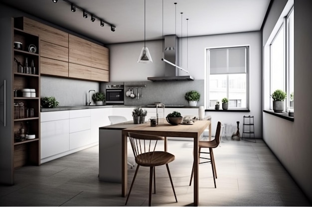 A kitchen with a table and chairs and a window with a light coming through it.