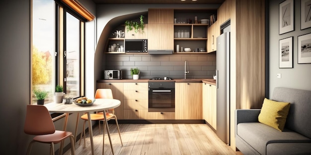 A kitchen with a table and chairs and a window with a plant on it.