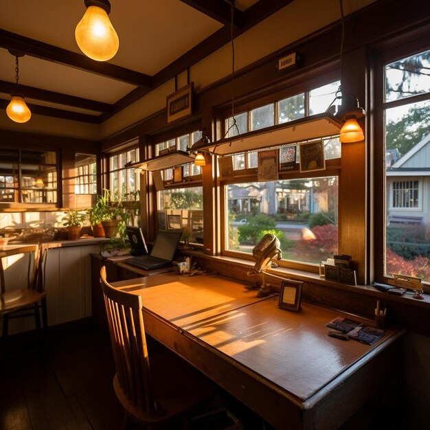 Photo a kitchen with a table and chairs and a window with a view of the backyard