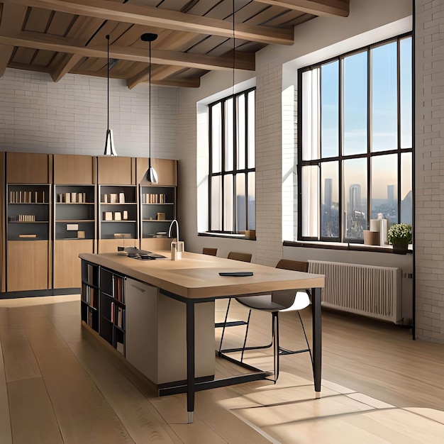 A kitchen with a table and chairs and a window with a view of the city.