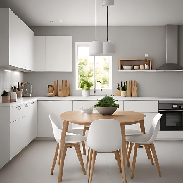 a kitchen with a table chairs and a window