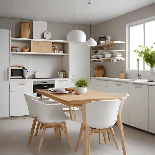 a kitchen with a table chairs and a window