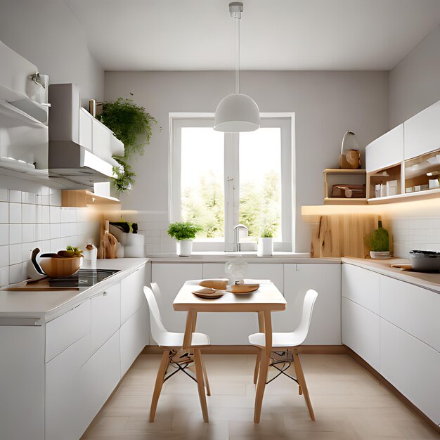 a kitchen with a table chairs and a window