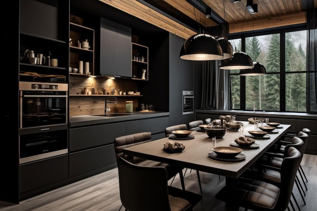 a kitchen with a table and chairs and a window