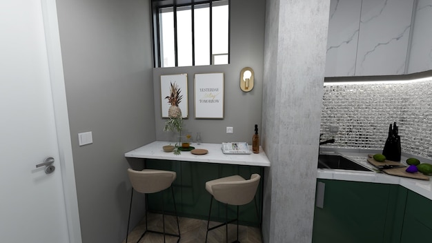 A kitchen with a table and chairs with a sign that says welcome to the home.