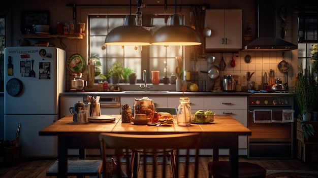 A kitchen with a table and a lamp that says'kitchen'on it