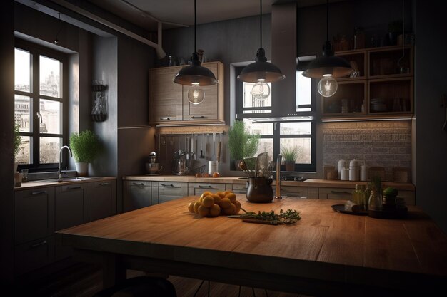 A kitchen with a table and a lamp that says'kitchen '