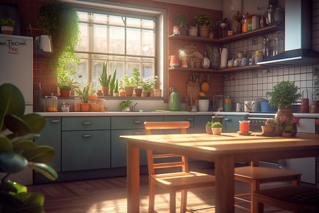 A kitchen with a table and a plant on the window sill