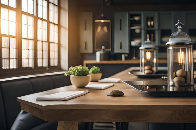 A kitchen with a table and a pot of plant on the table