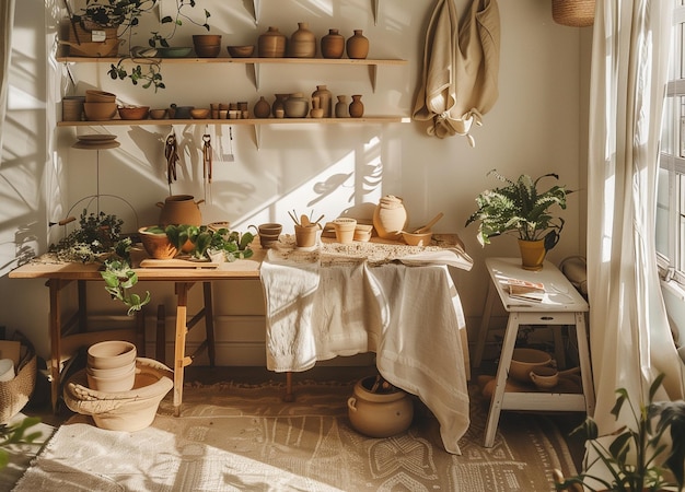 Photo a kitchen with a table and potted plants on it