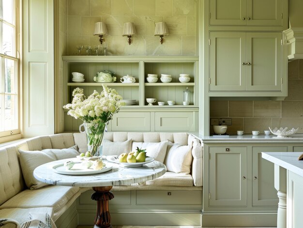 Photo a kitchen with a table and a vase of flowers on it