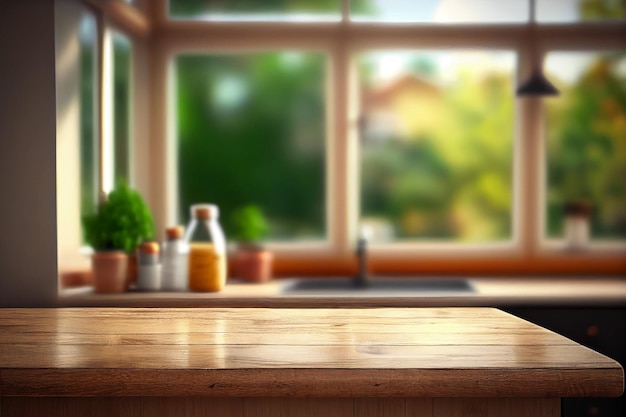 A kitchen with a table and a window with a green garden behind it