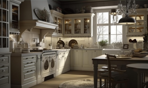 A kitchen with a table and a window with the words " kitchen " on it.