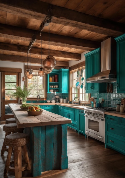 A kitchen with teal cabinets and a white stove.