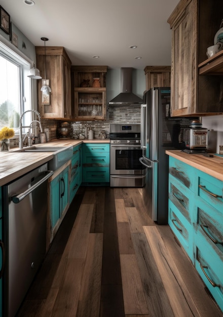 A kitchen with teal kitchen cabinets and stainless steel appliances.