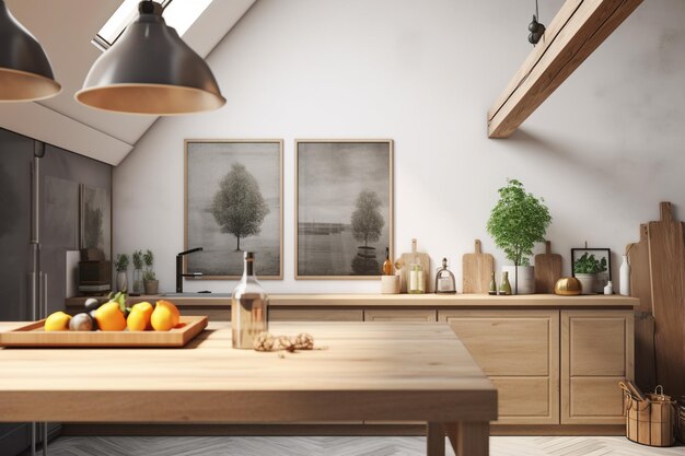 A kitchen with a tray of fruit and vegetables on the counter.