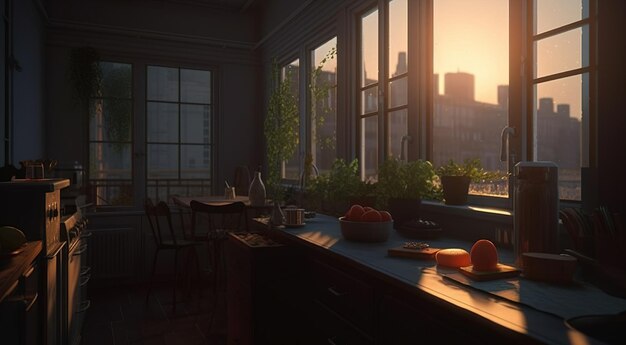 A kitchen with a view of a city in the background.