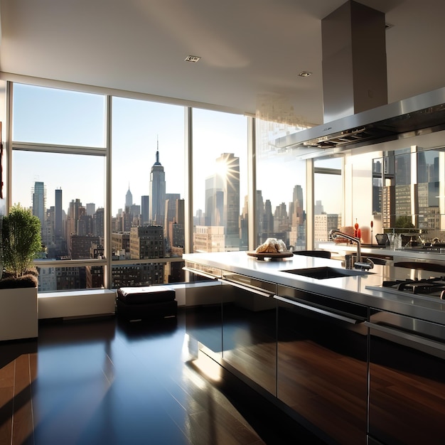 A kitchen with a view of the city skyline