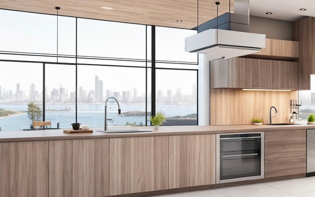 Photo a kitchen with a view of the city