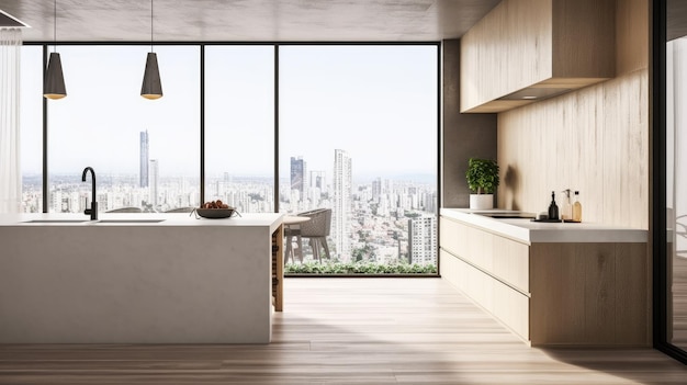 A kitchen with a view of the city.