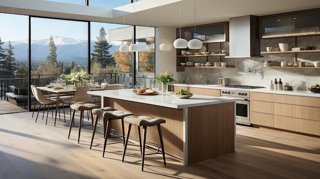 a kitchen with a view of the mountains