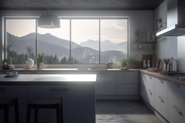 Photo a kitchen with a view of the mountains