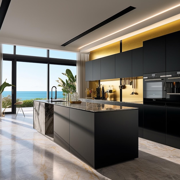 A kitchen with a view of the ocean and the ocean.