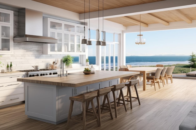 Photo a kitchen with a view of the ocean