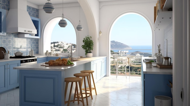 A kitchen with a view of the sea and the island.