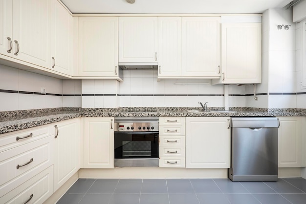 Kitchen with walls lined with white lacquered wood cabinets with gray granite stone top and matching border with white and gray tiles