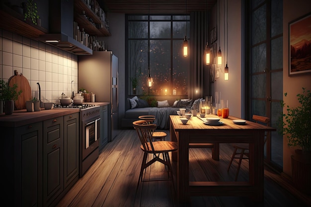 Kitchen with warm lighting and cozy atmosphere is the perfect setting for intimate dinner