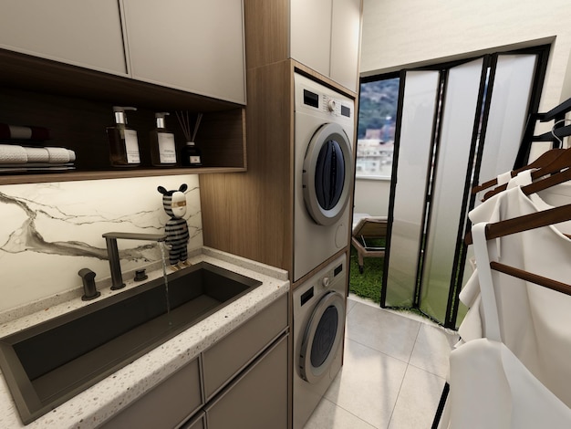 A kitchen with a washing machine and a window