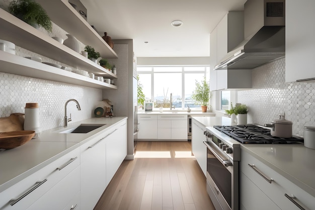 A kitchen with a white cabinetry and a large window with a potted plant on the right side.