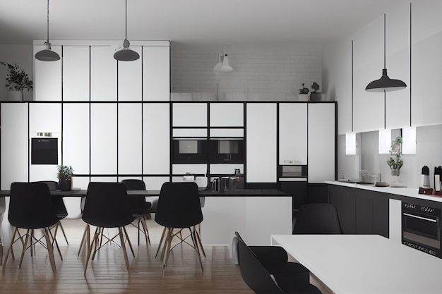 A kitchen with white cabinets and black chairs and a white table with black chairs.