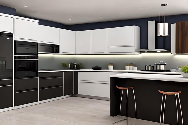 A kitchen with white cabinets and a black countertop.