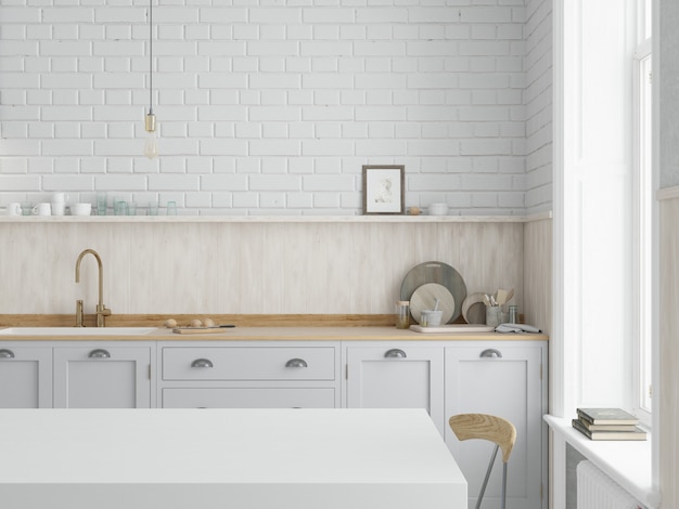 Kitchen with white cabinets and wooden countertop