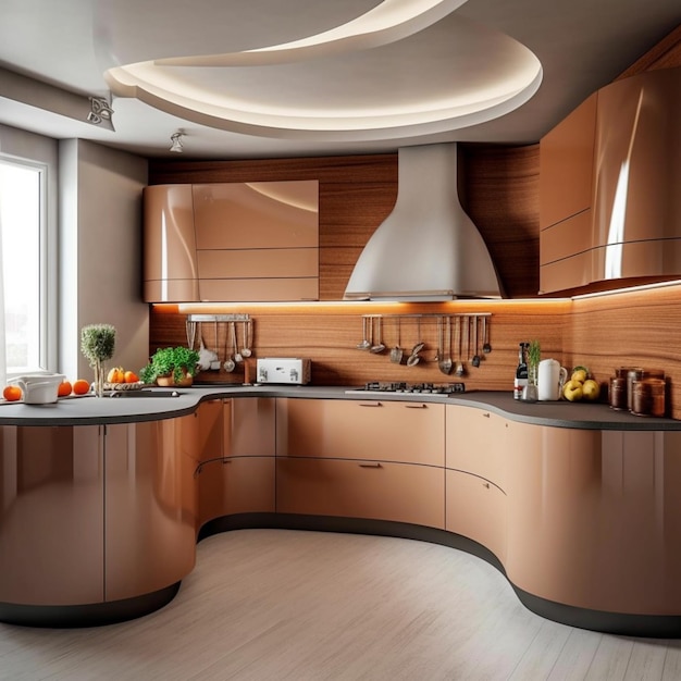 A kitchen with a white ceiling and a white hood