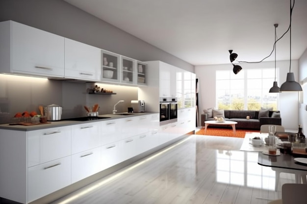 A kitchen with a white counter and a black sofa with a black coffee table and a white counter with a black countertop.