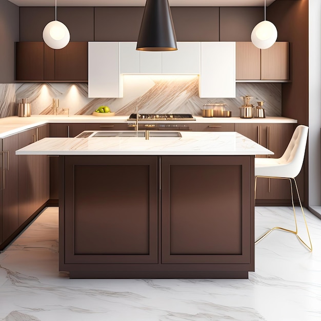 a kitchen with a white counter top and a black light above it