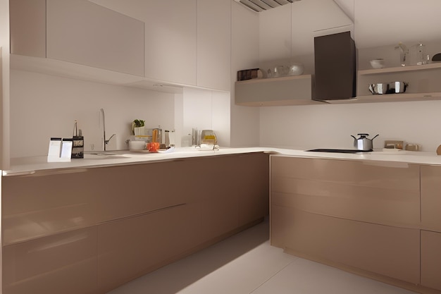 a kitchen with a white counter top and a pot on the counter.