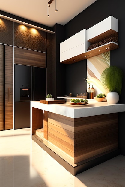 a kitchen with a white counter top and a wooden cabinet with a plant on it